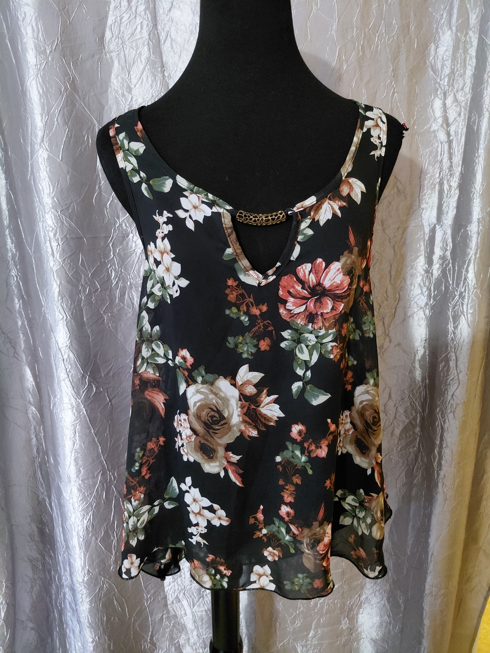 Love Culture Black Floral Sleeveless Top with Chain Accent